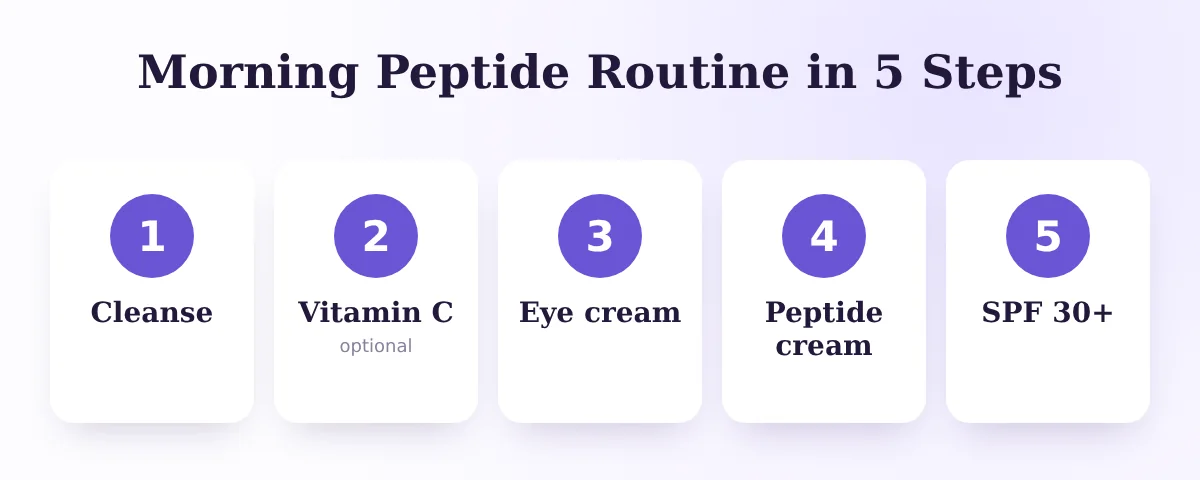 Five-step morning peptide skincare routine: cleanse, vitamin C, eye cream, peptide cream, SPF